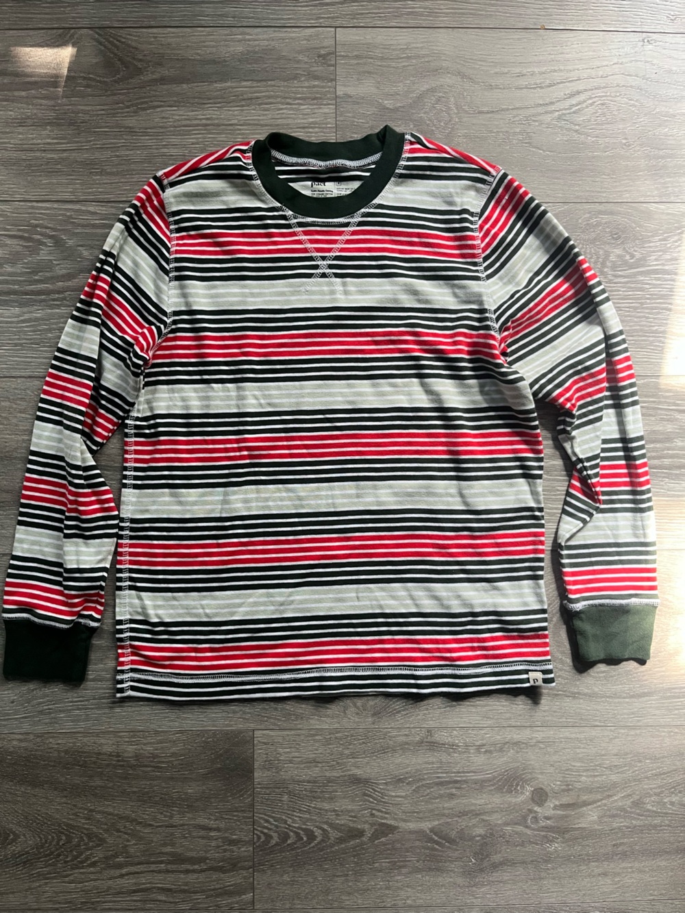 Pact Green Red Striped Long Sleeve Crew Neck 100% Cotton T Shirt Size M Classic